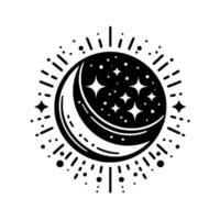Celestial black and white minimalist art Moon and stars in a circle with radiating lines and dots, on a clean white background, celestial design. vector