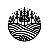 Stylized Black and White Circle Composition of a Forest Scene with Hills, Trees, and Dots, Minimalist Design. vector