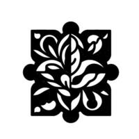 Symmetrical Floral Motif in a Black White Palette, Square Design, Intricate Leaf Pattern, Ornate Edges, Geometric Composition. vector