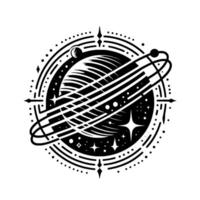 Minimalist black and white cosmic featuring a planet encircled by orbiting rings, stars, celestial elements, and decorative radial lines in a circle. vector
