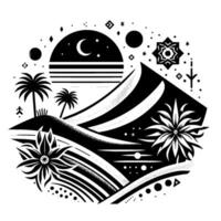 A stylized, circular, black and white illustration of a desert landscape with a crescent moon, palm trees, floral elements and geometric shapes. vector