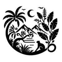 Silhouette of a tropical landscape with palm trees, mountains, a leopard, crescent moon, and wildlife, enclosed in a circular frame. vector