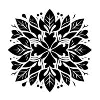 Symmetrical Black and White Leaf Mandala Detailed Floral Pattern with Elegant Branches, Dots, and Clean Lines on White Background vector