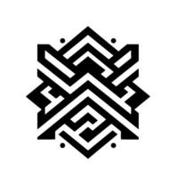 Symmetric black and white abstract star pattern composed of intersecting lines, creating a complex, geometric with dot accents. vector
