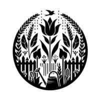 Black and White Circular Illustration of a Garden Scene with Flowers, Wheat, Fence, Watering Can, and Bird. vector