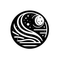 Celestial Black and White Circular Design Crescent Moon, Stars, and Flowing Lines vector