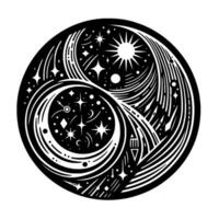 Yin Yang Celestial Harmony A black and white illustration of cosmic balance featuring a sun, moon, and stars, with stylized flowing lines. vector
