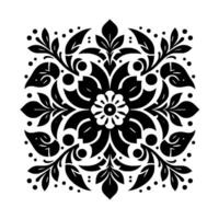 Symmetrical Black and White Floral Mandala with Leafy Branches and Dots, Centered on White Background. vector