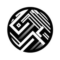 A stark black and white geometric composition featuring a complex arrangement of lines and shapes within a circular frame, creating a dynamic visual puzzle. vector