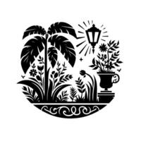 Elegant black and white stylized garden scene in a circle with a palm tree, lamp, plants, flowers and a flower pot. vector