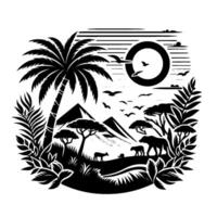 Monochromatic African Savannah Palm Tree, Wildlife, Mountains, Sun, and Birds in Stylized Illustration. vector