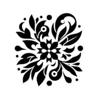 Symmetrical black and white stylized floral with leaves, dots and swirls, on a square format, creating a decorative and ornamental pattern. vector