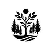 Stylized Black White Forest Illustration A tree at the center, framed by pines and a full moon, evoking simplicity and natures embrace. vector
