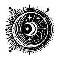 Celestial Emblem Circular Black and White with Crescent Moon, Stars, and Ornate Radial Patterns, Evoking Mysticism. vector