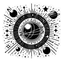 Black and white illustrative cosmic featuring celestial spheres, planets, orbits, stars, and radiant lines, invoking a sense of wonder and exploration. vector
