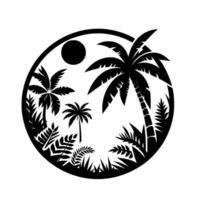 Silhouette of a Tropical Paradise within a Circle Palm Trees, Mountains, and Foliage in Black and White. vector