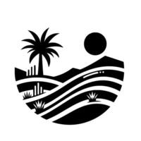 A minimalist, stylized black and white desert landscape within a rounded frame, featuring a palm tree, hills, sun, and sparse vegetation. vector