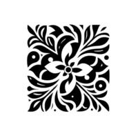 A symmetrical, bold black and white floral design, crafted with stylized leaves, petals, and circles, forming a square pattern on a white background. vector