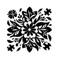 Symmetrical floral in black and white, adorned with puzzle pieces, leaves, and abstract elements, centered on a plain background. vector
