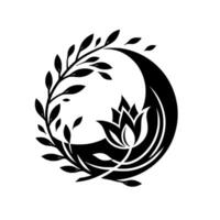 Monochromatic Floral Emblem A Black and White Featuring a Crescent Moon, Lotus Flower, and Branch Arrangement. vector