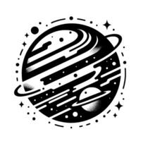 Stylized Black and White Cosmic Illustration Featuring Two Planets with Rings, Stars, and Celestial Objects on a White Backdrop. vector