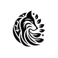 Circular minimalist featuring a stylized black fox head intertwined with leafy branches, showcasing a balanced on a white background. vector