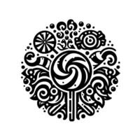 Ornate Black and White Candy Medley Swirl Lollipops, Hard Candy, and Decorative Elements in a Circular Composition. vector