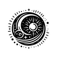 Celestial Symphony A Black and White Depicting the Sun, Moon, and Stars in a Circular, Stylized Composition. vector