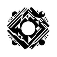 A symmetrical, grayscale geometric featuring concentric shapes diamond, circles, triangles, and stripes, with a central white void. vector