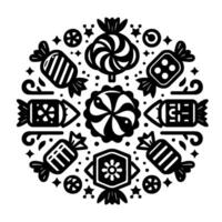 A Circular, Black and White Illustration Featuring Assorted Candies and Decorative Elements in a Whimsical Design. vector