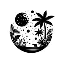 A black and white circular illustration of a jungle scene at night, moon and stars, with palm trees and a jaguar. vector