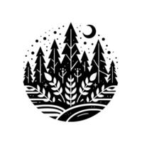 Black and White Illustration of Forest at Night Pine Trees, Crescent Moon, Stars, Flora, and Hills in a Circular Composition. vector