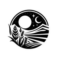 Black and White Circular Design Tranquil Nightscape with Moon, Stars, Crescent, Field, and Foliage. vector