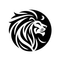 Regal Lion Head Silhouette in a Circle, Black and White, Minimalist with Crescent Moon Detail, Power and Strength. vector