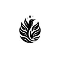 An abstract, minimalist black and white of a stylized bird encircled by symmetrical, flowing, leaflike shapes, on a white backdrop. vector