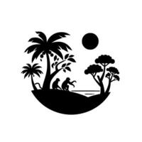 Silhouette of Monkeys on a Tropical Island with Palm Trees, Forest, and a Sun, in Monochrome. vector