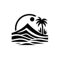 Black and white illustration depicting a tropical scene with a mountain, sun, waves, and a palm tree, stylized in a minimalist, logolike design. vector