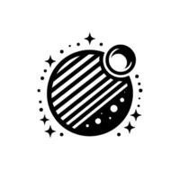 Stylized Monochrome Planetary Featuring Striped Main Sphere, Ringed Orbiting Object, and Scattered Star Accents. vector
