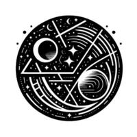 Celestial Circle Geometric Black White Composition with Moons, Stars, and Lines Representing Cosmic Order and Balance. vector