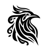 A stark, stylized black and white illustration of a birds head and neck, designed with intricate patterns and bold lines on a white background. vector