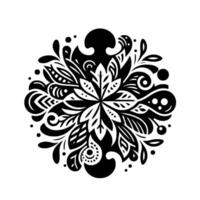 Intricate Black and White Floral Mandala with Symmetrical Arrangement and Detailed Leaf Patterns, Isolated on White Background. vector