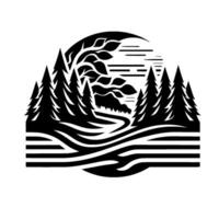 A stylized black and white landscape within a circular frame showcasing forests, winding river and foliage, evoking a tranquil atmosphere. vector