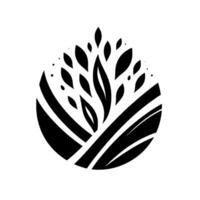 A stylized, symmetrical, black and white emblem featuring a central cluster of leaves rising from stylized curved lines within a teardrop shape, set against a stark white background. vector