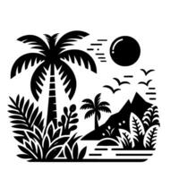 Black and White Minimalist Tropical Island Scene with Palm Trees, Mountain, Sun, Birds, and Lush Vegetation. vector
