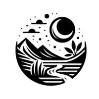 Stylized Black and White Landscape Crescent Moon, Mountains, River, Clouds, and Foliage Within a Circular Frame. vector