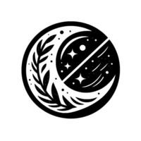 Black and White Circular Emblem Crescent Moon with Branch Celestial Elements, Divided Design. vector