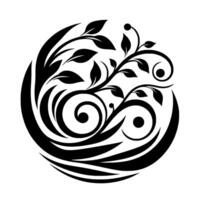 Elegant Black and White Floral Mandala with Leafy Vines, Swirls, and Circular Composition on White Background. vector