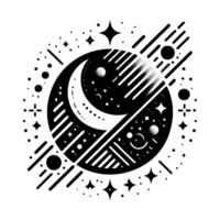 Celestial Monochrome Cosmic Illustration with Crescent Moon, Stars, Planets, and Geometric Elements. vector