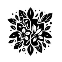 A minimalist black and white floral featuring a central square frame, intricate leaves, a prominent flower, and a balanced composition. vector