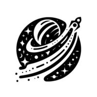 Minimalist Black and White Space Illustration Rocket Launching from a Planet, Surrounded by Stars and Celestial Bodies in a Circular Composition. vector